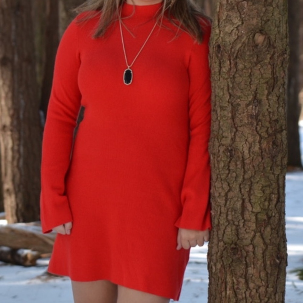 Express Red Bell Sleeve Mock Neck Dress